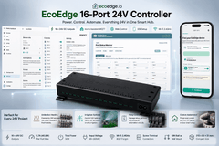 EcoEdge 16-Port 24V smart home and automation controller with Home Assistant MQTT integration, web control, iOS setup, and Wi-Fi connectivity.