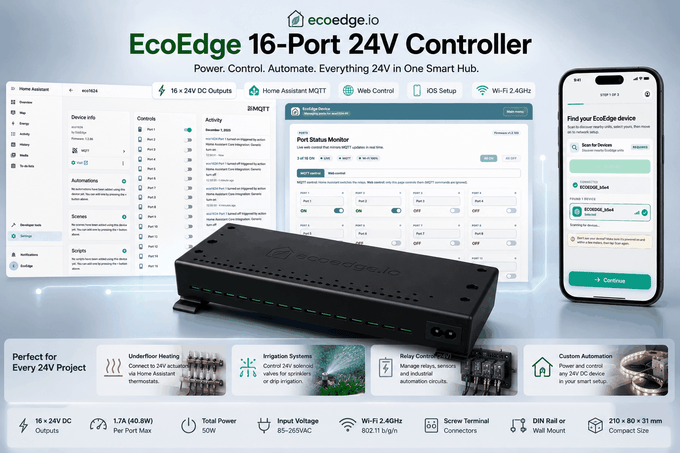 EcoEdge 16-Zone Wi-Fi Underfloor Heating Controller – 24V, Home Assistant (MQTT)